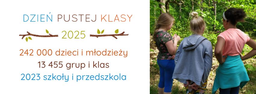 banner z tekstem Dzień Pustej Klasy 2025 - 242 000 dzieci i młodzieży, 13 455 grup i klas, 2023 szkoły i przedszkola
